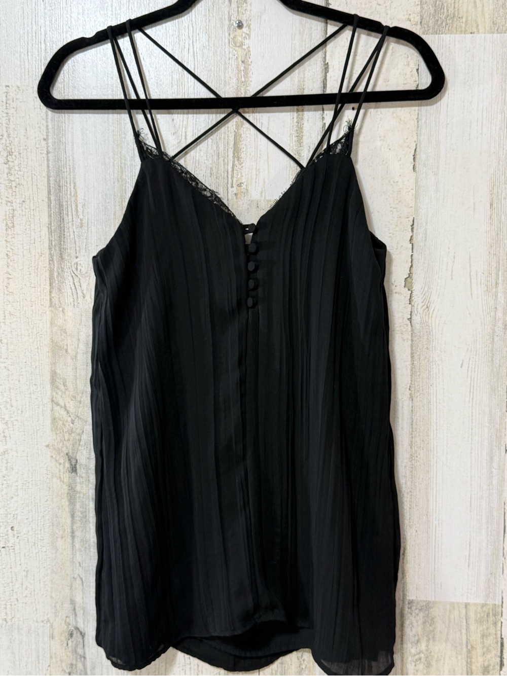 Zara Black Pleated Lace-Trim Camisole with Crisscross Straps